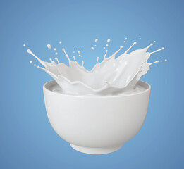 Fototapeta na wymiar Milk Pouring and splash form White Bowl, isolated on background, 3d rendering.