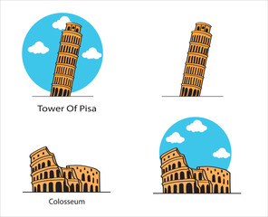 Rome, Italy Colosseum and Piazza dei Miracoli. Leaning Tower of Pisa vector illustration