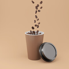 Cup coffee with Coffee Bean falling, 3d illustration.