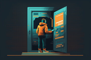 Illustration of a person typing in a password or code to unlock a secure digital device with a lock on the screen. Generative AI