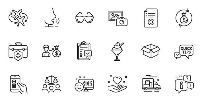 Outline set of Ice cream, Medical insurance and Connecting flight line icons for web application. Talk, information, delivery truck outline icon. Vector
