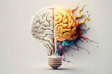 Multicolor Brain and Light Bulb Illustration, Creative smart thinking for inspiration and innovation Idea. Generative AI