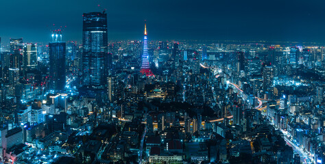 Fototapeta na wymiar 日本　東京都港区の六本木ヒルズの展望台から眺める東京の夜景とライトアップされた東京タワー