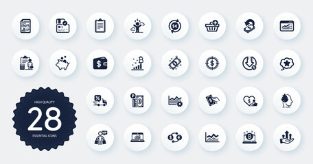 Set of Finance icons, such as Web traffic, Piggy bank and Trade infochart flat icons. Currency exchange, Add purchase, Accounting web elements. Bitcoin, Dollar target, Cashback signs. Vector