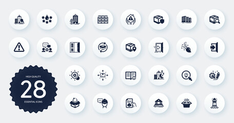 Set of Industrial icons, such as Technical info, Skyscraper buildings and Quality flat icons. Lighthouse, Inspect, Exit web elements. Buildings, Warning, Technical documentation signs. Vector