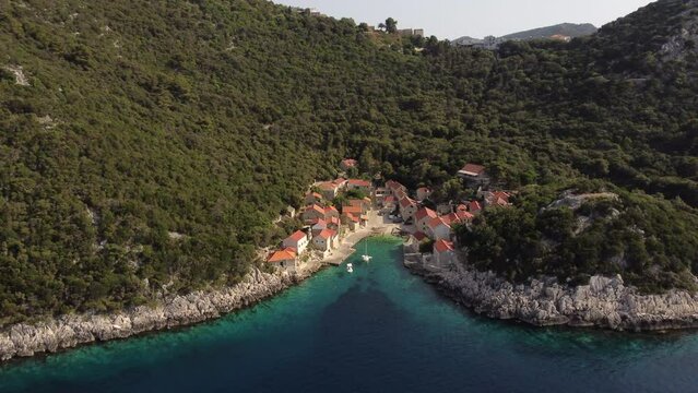 Aerial shot of coastal village on Lastovo island, Croatia