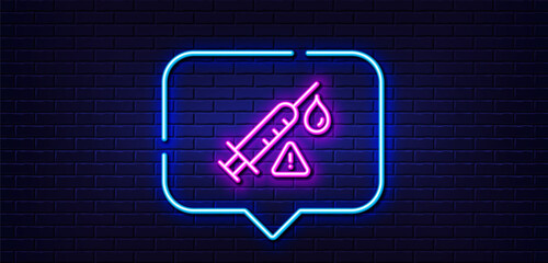 Neon light speech bubble. Vaccine attention line icon. Vaccination syringe warning sign. Jab symbol. Neon light background. Vaccine attention glow line. Brick wall banner. Vector