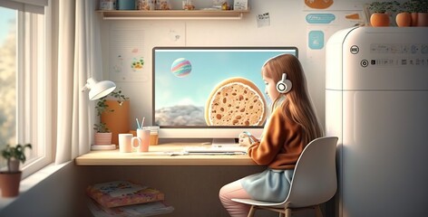 cartoon image of a beautiful cute girl using a laptop, in pastel colors, generative AI