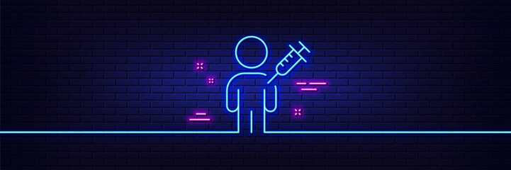 Neon light glow effect. People vaccination line icon. Vaccine syringe sign. Man jabbed symbol. 3d line neon glow icon. Brick wall banner. People vaccination outline. Vector