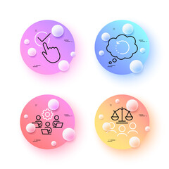 Court jury, Recovery data and Checkbox minimal line icons. 3d spheres or balls buttons. Teamwork icons. For web, application, printing. Justice scale, Backup info, Approved. Remote work. Vector