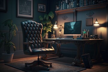 Modern home office interior, professional technology concept, dark style, trestle desk, latest computer, leather chair. Generative AI.