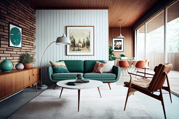Fototapeta premium Mid-century modern living room with leather sofa, geometric rug. Retro and vintage style. Generative AI. 