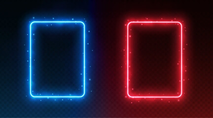 Neon rectangle frames, glowing borders with smoke and sparkles, versus fight competition, sports confrontation concept. Social media design element. Vector illustration. © Likanaris