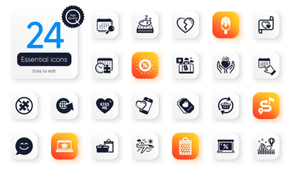 Set of Holidays flat icons. World globe, Hold heart and Gifts elements for web application. Discount, Market, Roller coaster icons. Kiss me, Airplane travel, Puzzle time elements. Vector