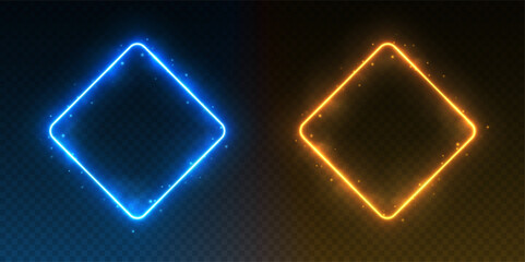 Neon rhombus frames, glowing borders with smoke and sparkles, ice and fire portals concept. Avatar frames for game UI. Vector illustration.