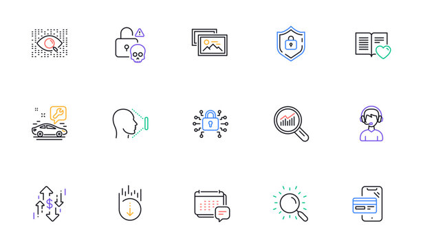 Car service, Face id and Cyber attack line icons for website, printing. Collection of Data analysis, Security lock, Photo album icons. Shield, Love book, Consultant web elements. Vector