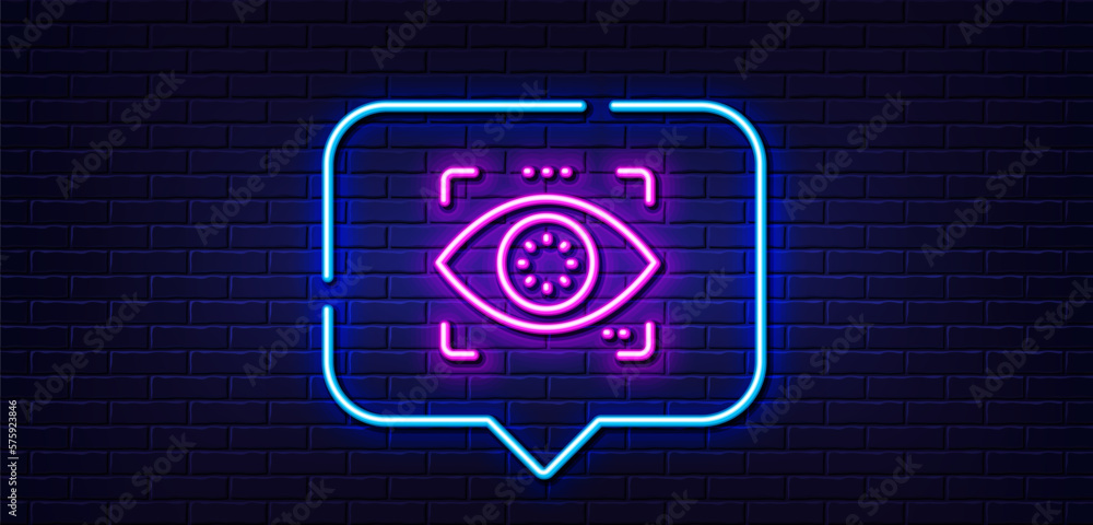 Poster neon light speech bubble. eye detect line icon. retina scan sign. biometric data symbol. neon light 