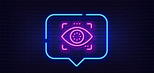 Neon light speech bubble. Eye detect line icon. Retina scan sign. Biometric data symbol. Neon light background. Eye detect glow line. Brick wall banner. Vector