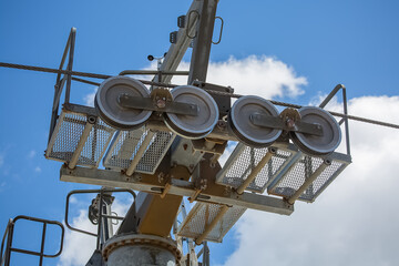 Detailed view of a mechanical industrial sheave train system, normally used in sky systems...