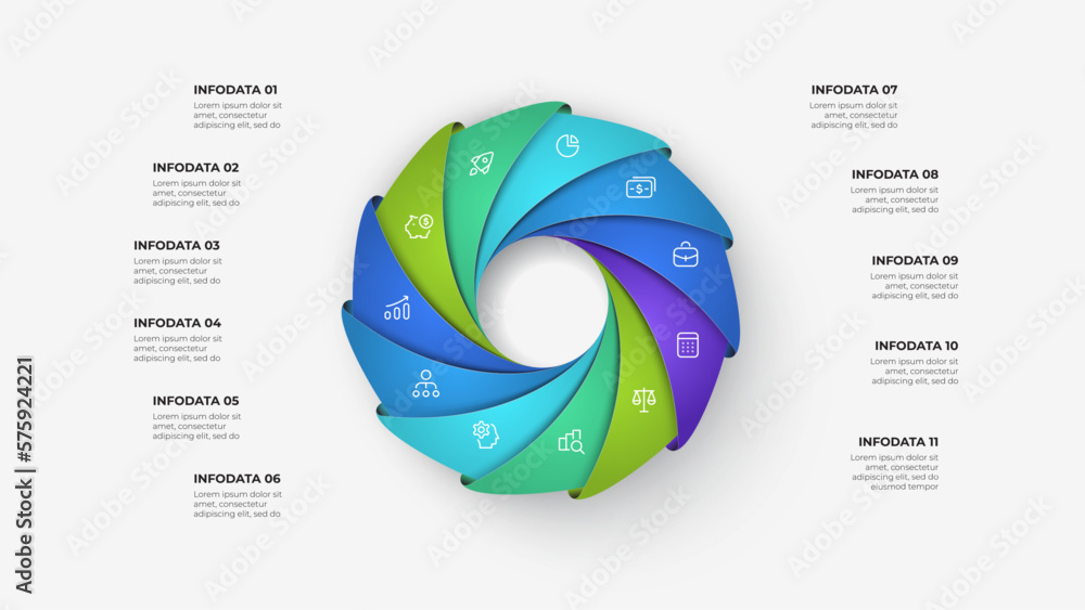 Aufkleber diagram with eleven steps. slide for business presentation. cycle infographic element divided into 1
