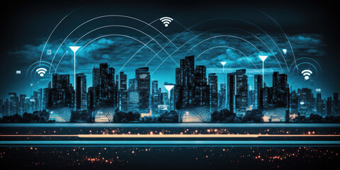global internet communication network and wifi connected city background. generative ai - obrazy, fototapety, plakaty