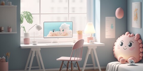 cartoon style, cute teen girl room interior, pastel colors, generative AI