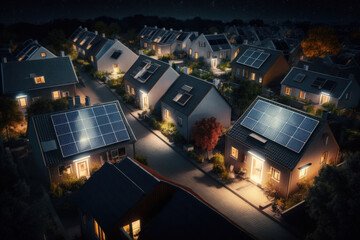 aerial view of residential houses with photovoltaic solar panels. Alternative and Renewable energy concept. generative ai