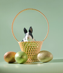 Easter Egg Hunt Concept, An Adorable Bunny Rabbit in a Wicker Basket with Glittery Eggs on a Green...