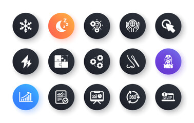 Minimal set of Electricity, Puzzle and Gears flat icons for web development. Presentation, Moon, Checked calculation icons. Nurse, Seo idea, Graph chart web elements. Organic tested. Vector