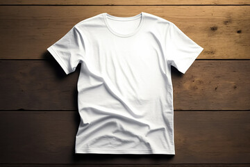 white t-shirt mockup flat lay on wooden background. Generative AI	
