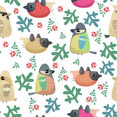 A pattern consisting of colorful birds, fir branches and rowan