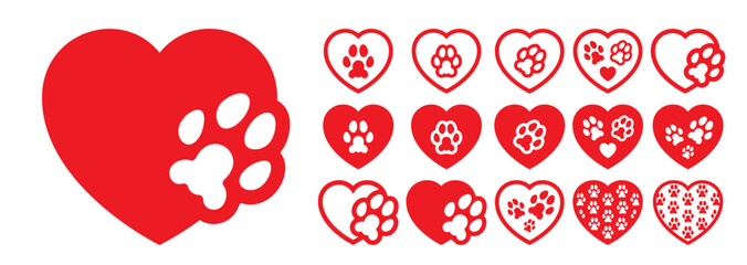 Heart shape with animal footprint track contour. Love icon vector design elements for eco protection logo, sticker print and decoration design. Modern animal care design concept