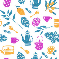 The pattern on a white background includes teapots, cups, lemons, mint leaves and a branch of sea buckthorn and blackberries