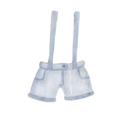Watercolor illustration. Hand painted blue shorts with braces, pockets, zipper and button for babies. Outfit for little boys. Baby clothes in grey color. Isolated clip art for shop banners, posters