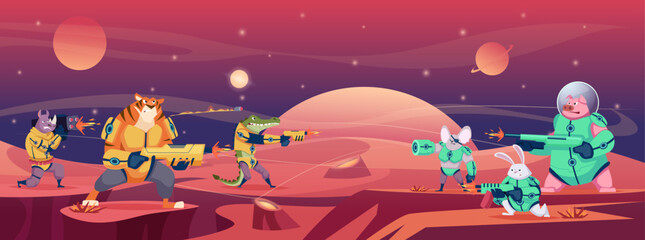 Fototapeta premium Shooting with aliens. Space universe battle fantasy armored animals shooting exact vector cartoon war background