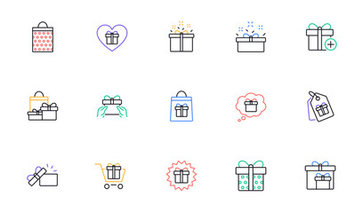 Gift line icons. Present, Special offer and Sale. Shopping linear icon set. Bicolor outline web elements. Vector