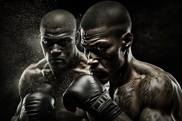 Fototapeta na wymiar Professional boxer on black smoky background. Ai generative.