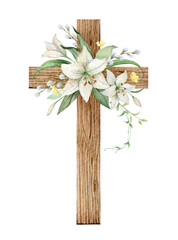 Christian vector Cross made of green leaves and white Lily flowers.
