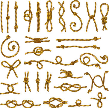 Rope pieces. Curved marine rope pieces with knot recent vector illustrations collection