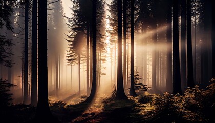 A peaceful forest scene in the early morning, with mist rising and sunlight filtering through the branches. The trees are tall and slender, with green leaves and trunks that disappear into the mist.