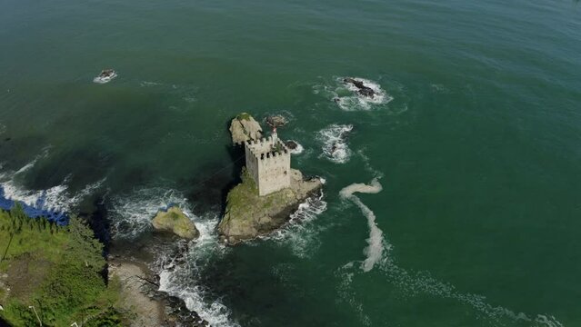 Aerial view of Kiz Kalesi- Girl Castle in Rize. 4K Footage in Turkey