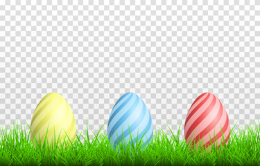 Painted eggs on the grass on an isolated transparent background. Easter eggs png, grass png. Easter banner. Easter, holiday. Vector illustration.
