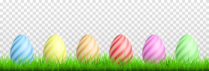 Painted eggs on the grass on an isolated transparent background. Easter eggs png, grass png. Easter banner. Easter, holiday. Vector illustration.
