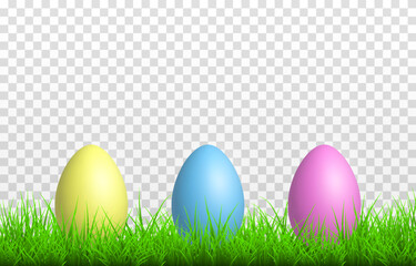 Painted eggs on the grass on an isolated transparent background. Easter eggs png, grass png. Easter banner. Easter, holiday. Vector illustration.