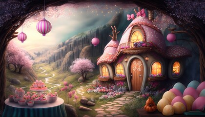 Cute Easter egg cottages valley with view of a delightful, magical and fairy tale atmospheres, AI generated