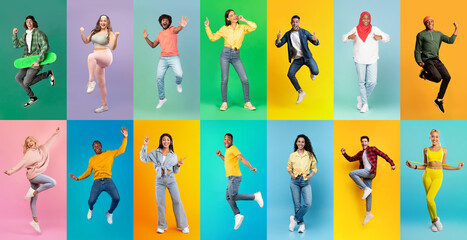 Joyful young multiethnic people having fun on colorful studio backgrounds
