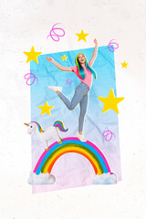 Vertical creative collage of young lgbt activist girl dyed hairstyle dreamy fairytale illustration sweet rainbow pony isolated on unusual background