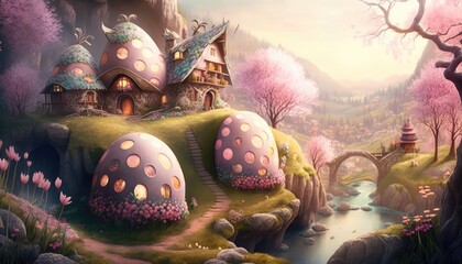 Cute Easter egg cottages valley with view of a delightful, magical and fairy tale atmospheres, AI generated