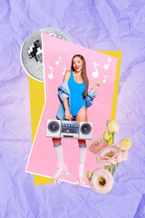 Vertical artwork collage photo of young careless girl wear summer bodysuit listen music hold boombox chill isolated on pink drawing roses background