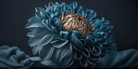 Beautiful blue dahlia flower with golden center. Flower isolated on dark blue background. Close up. Floral design for prints, postcards or wallpaper.